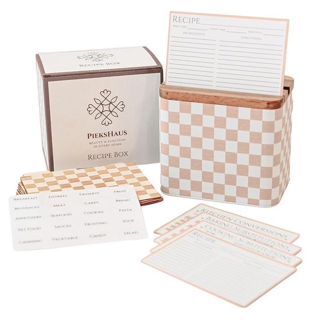 Recipe Box Set w/Acacia Wood Lid & Wooden Dividers -Modern Recipe Storage w/ 4x6" Cards & Protectors -Metal w/Customizable Tabs & Labels -Gifts For Mothers, Bridal, Home Decor (Dusty Pink)