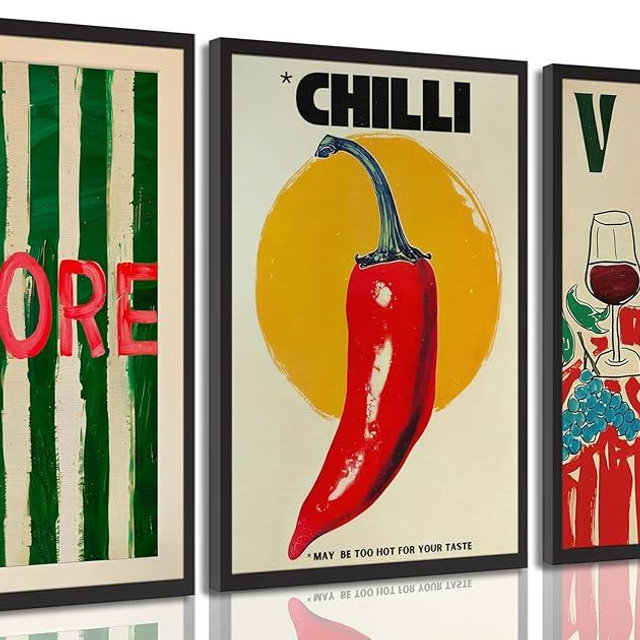 3Pcs Vintage kitchen Canvas Wall Art Abstract Dinner Table Food Wall Decor Colorful Food Lover Maybe Too Hot for Your Taste Poster Print Artwork for Dining Hotel Kitchen Modern Home Decoration