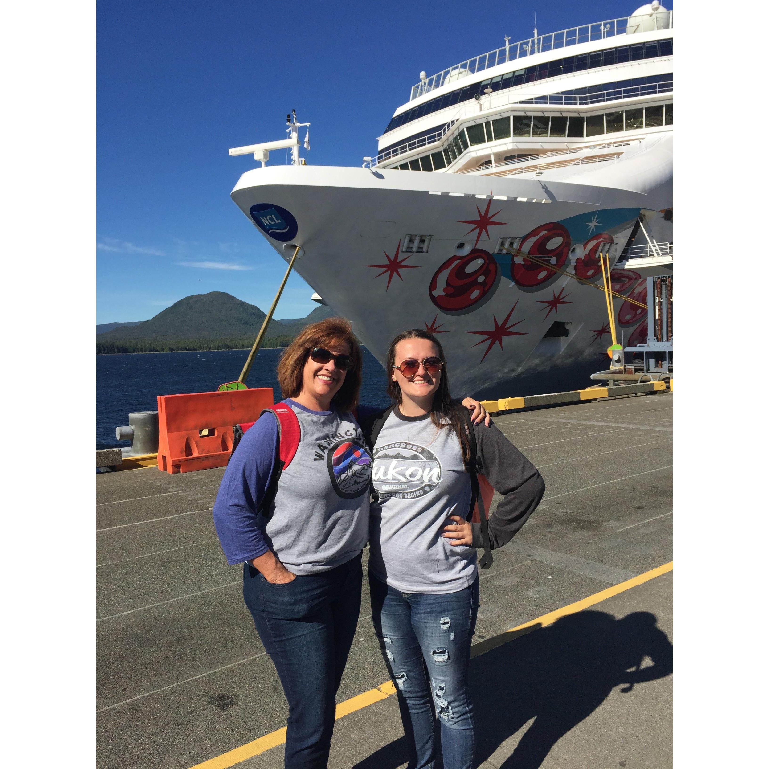 Mallory's step-mom (Karen) and Mallory in front a cruise they went on.