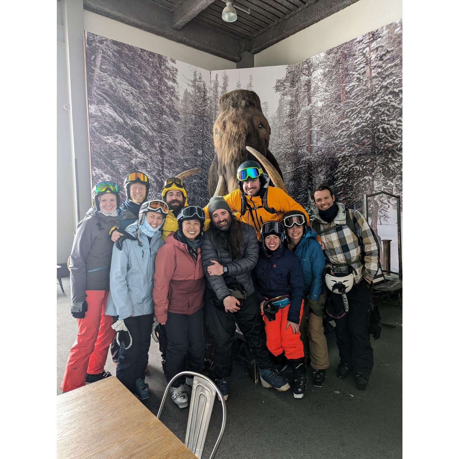 Ski group in Mammoth for Tommy's birthday! Suited up to head back out to hit the pow. March 2024.