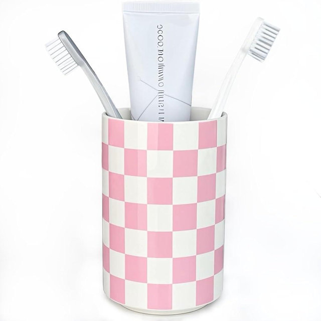 NAKOR HOME Ceramic Toothbrush Holder, Pink Toothbrush Holders for Bathrooms, Modern Cute Girly Tooth Brush Tumbler, Toothbrushes Toothpaste Cup for Bath Countertop Storage, Girls Bathroom Decor