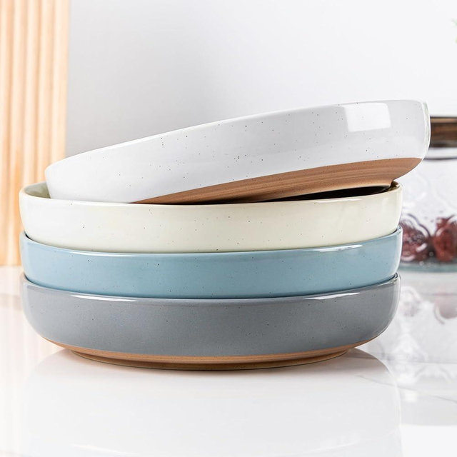 AmorArc 8.75'' Large Ceramic Pasta Bowls, 36oz Handpainted Stoneware Bowls Set of 4, Microwave&Dishwasher Safe Bowls with Rustic Terracotta Underside for Pasta Salad, Multi-Color