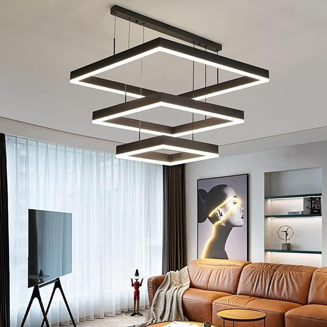 Dimmable LED Pendant Light, Modern Square Chandelier, 3 Rings Ceiling Pendant Light with Remote Control, Modern Chandelier Lighting for Bedrooms Dining Rooms
