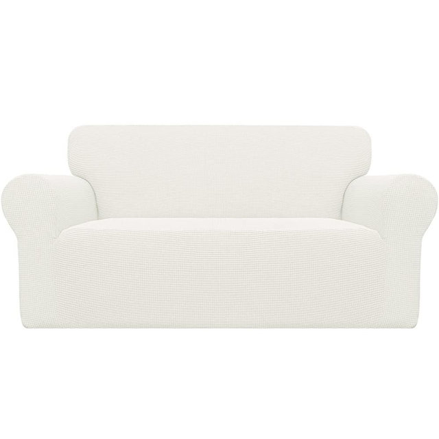 Easy-Going Stretch Loveseat Slipcover 1-Piece Sofa Cover Furniture Protector Couch Soft with Elastic Bottom for Kids Polyester Spandex Jacquard Fabric Small Checks (Loveseat, Cream)