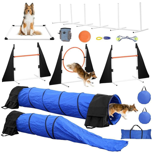 POPMOON Dog Agility Equipment for Backyard & Indoor Training-Professional Backyard Course with Adjustable Jumps, Collapsible Tunnel, Storage Bags & Toys