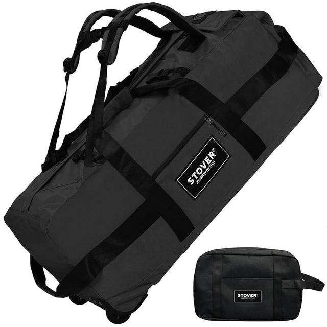 STOVER 80L Rolling Duffel Bag with Wheels, Large 31 Inch Durable Travel Duffle + Toiletry Bag, Heavy Duty, Packable, Foldable w/Shoulder Straps- Use as Luggage or Backpack, Men/Women (Black)