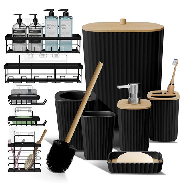Clara Clark Bathroom Set - Black Bathroom Accessories Set, 6PC Bathroom Accessory Set, Bathroom Sets with Adhesive Corner Shower Caddy Hanging, Toilet Brush, Trash Can & Soap Dispenser