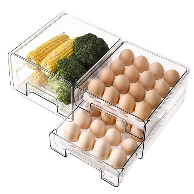 Diskary Refrigerator Organizer Bins, Egg Holder for Refrigerator 32 Grid, Fridge Organizer with Removable Egg Tray and Drain Board, Clear Stackable Drawer Storage Bins (2 Pack, 9.72x8.43x5.59in)