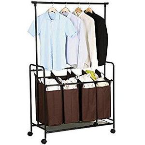 SONGMICS 4-bag Rolling Laundry Sorter with Hanging Bar Heavy-duty with Wheels & Larger Bags Brown URLS44S