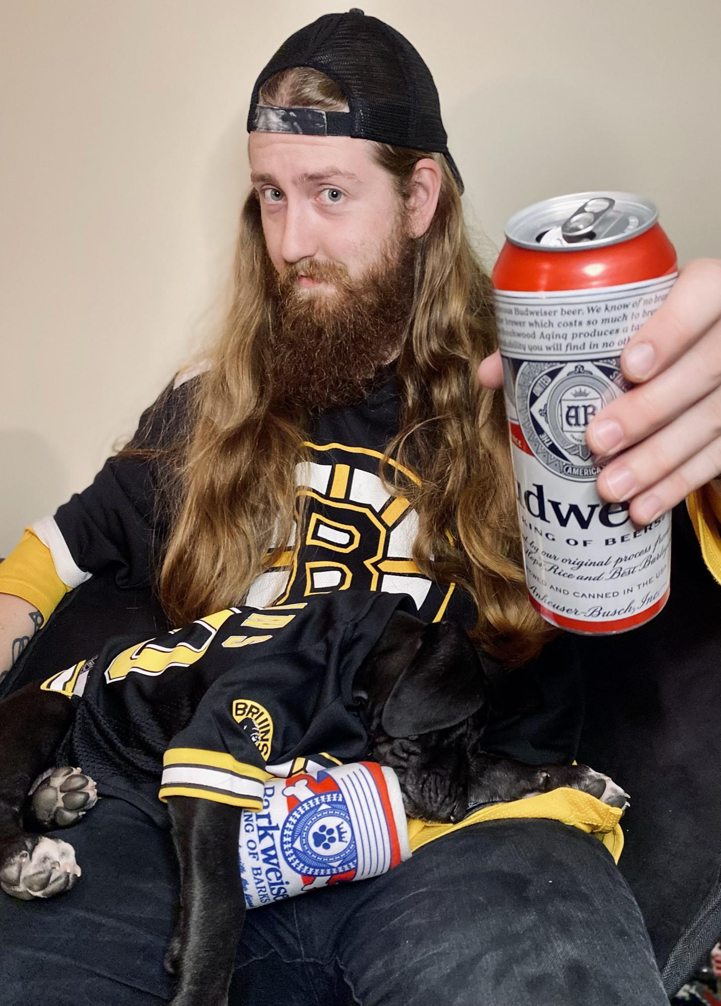 Medusa and Christian matching in Bruins Jerseys and Budweisers