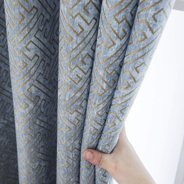 MYRU 1 Pair Chenille Curtains Semi-Blackout Geometric Modern Curtains for Living Room Bedroom 2 Panels Set (2 x 52 x 96 Inch,Blue and Gold)