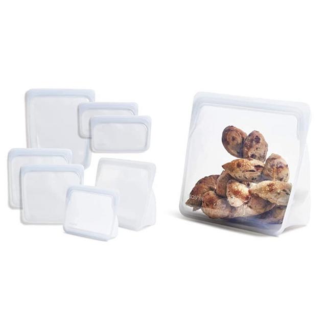 Stasher Silicone Reusable Storage Bag, Bundle 7-Pack (Clear) & Silicone Reusable Storage Bag, Stand-Up Mega (Clear) | Food Meal Prep Storage Container