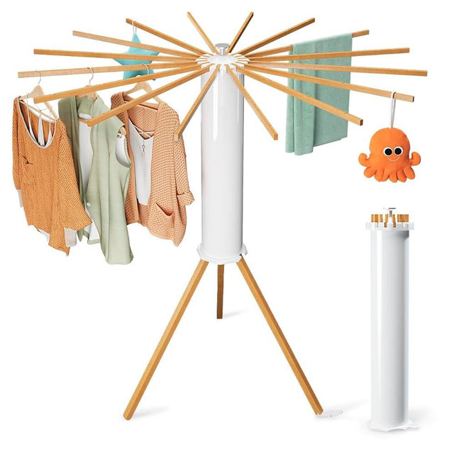 SKIKEN Cylinder Tripod Drying Rack, Octopus Standing Drying Rack Clothing, Round Collapsible, 16 Drying Arms, Solid Wood, Hidden and Retractable, Portable Handle for Home, Laundry Room, Rv