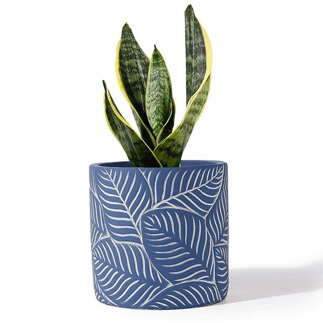 POTEY Cement Planter Flower Pot - 4.8" Vintage Indoor Plants Containers Unglazed Medium Bonsai with Drain Hole - Navy, Leaves Embossment