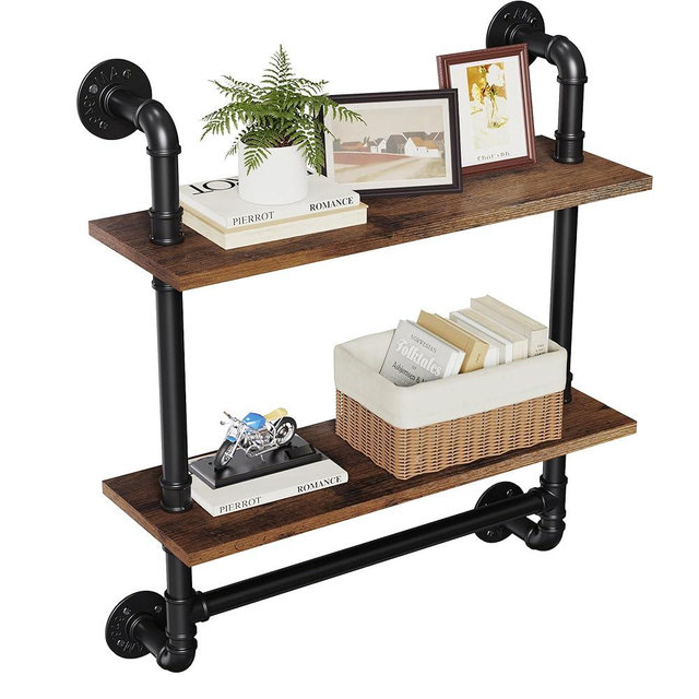 Merapi 24" Industrial Floating Shelves with Tower Bar, Pipe Shelves for Wall, 2 Tier Rustic Wood Wall Shelves for Home Décor, Bedroom, Living Room, Bathroom…
