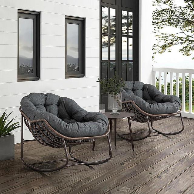 Large Indoor Outdoor Rocking Chair, Oversized Rocking Papasan Chair with Thick Cushion and Frame Outdoor Rocker, Comfy Wicker Egg Chairs Lounge for Outside Porch Patio Backyard (Dark Grey, Set of 2)