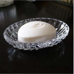 Clear Glass Soap Dish, Oval Bar Soap Holder with Embossed Raised Sides for Bathroom, Sink and Kitchen