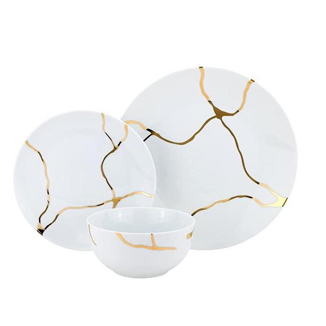 Royalty Porcelain 12-pc Bone China Dinner Set 'Storm' White with Gold