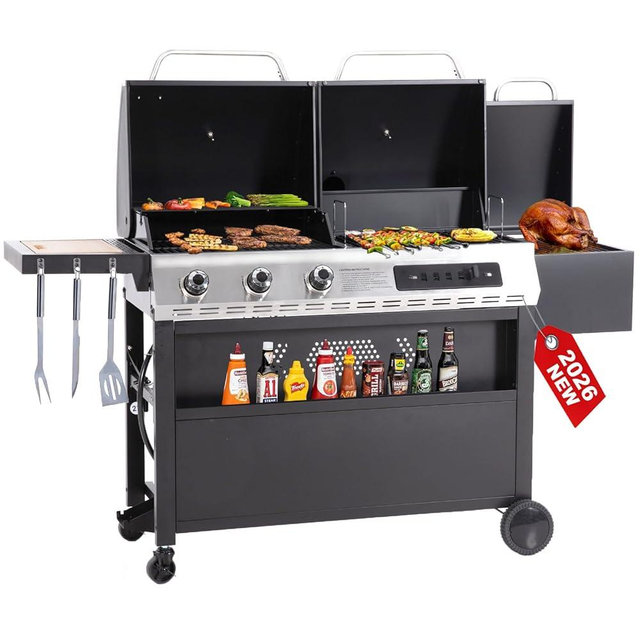 3-Burner Gas and Charcoal Grill Combo with Offset Smoker, 30,000 BTU Dual Fuel Grill, 839 Sq. In. Cooking Area BBQ Grill, Ideal for Outdoor Cooking Patio Backyard Balcony