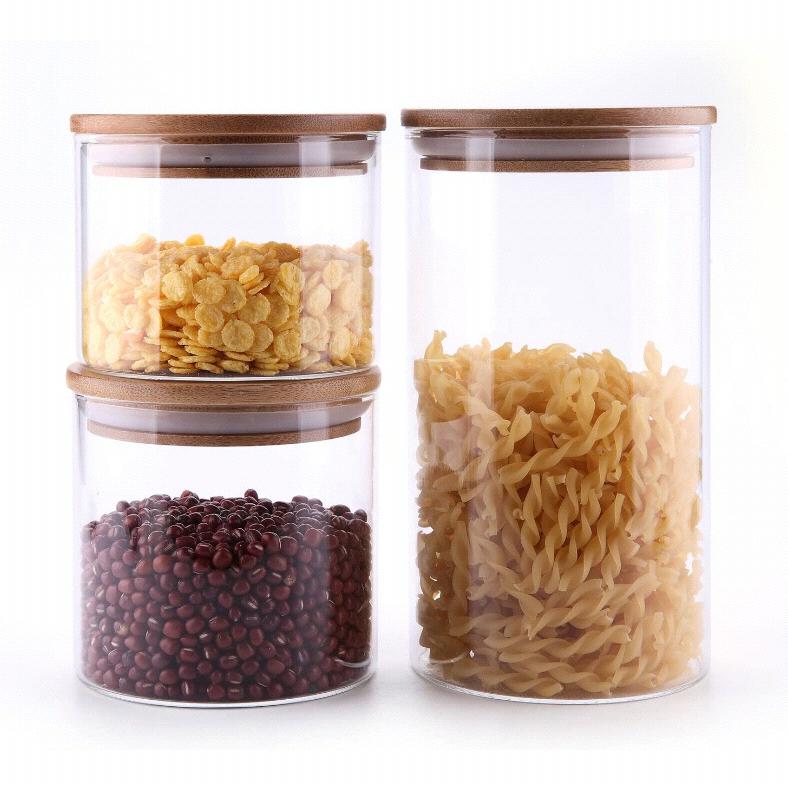 ComSaf Airtight Canisters for Bulk Food Storage Set of 3-17/22/43oz, BPA Free High Borosilicate Glass Cookies Jar with Bamboo Lid, Cylinder Cereal Container with Sealing