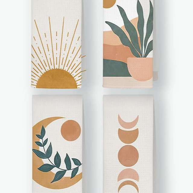 QODUNG Boho Abstract Sun Moon Phase Botanical Plant Mountain Landscape Soft Towels 16x24 Inch Set of 4,Bohemian Mid Century Modern Drying Cloth Hand Towels for Kitchen