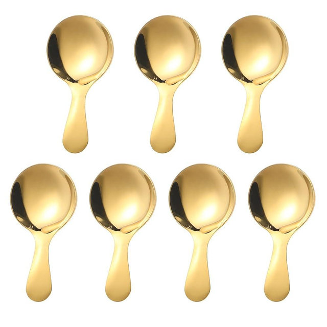 7 PCS Golden Short Handle Spoons Scoops Stainless Spoons Mini Scoops for Canisters Small Coffee Scoops Candy Scoops for Salt Sugar Condiments Coffee Tea Dessert