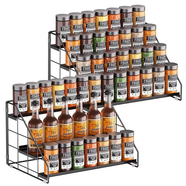 GIGIFTREE 4 Tiered Spice Rack Organizer, 2 Pack Spice Rack Organizer for Cabinet, Tiered Adjustable Spice Shelf for Kitchen Countertop Pantry Organization (Carbon Black)