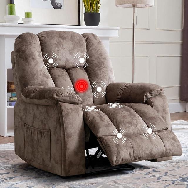 INZOY Recliner Chair with Massage and Heat, Soft Fabric Heated Recliner, Nursery Chairs with Cup Holder, Manual Sofa Chair Home Theater Seating with Lumbar Support, Brown
