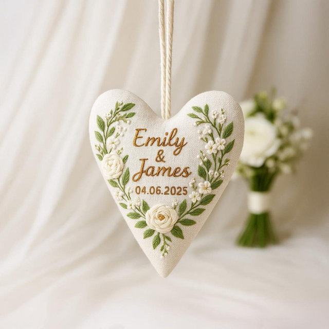 Personalized Wedding Heart Ornament – Hand Embroidered Linen Keepsake with Names & Date – Custom Wedding Christmas Gift Decoration