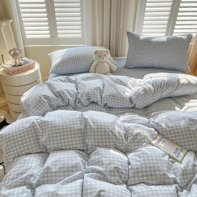 LifeTB Blue Gingham Comforter Set King 3 Pieces Blue Plaid Grid Comforter Set Geoometric Checkered Pattern Comforter with 2 Pillowcases Lightweight Soft Farmhouse Gingham Plaid Bedding Set