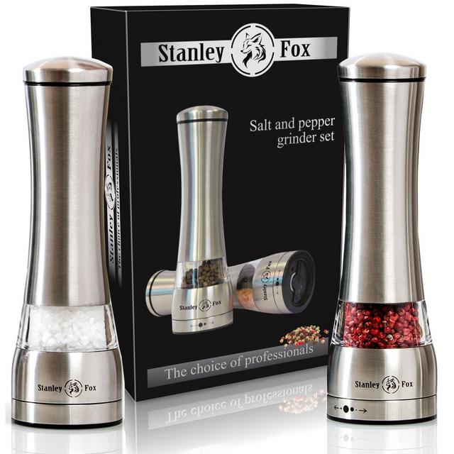 Premium Salt and Pepper Grinder Set of 2 Stainless Steel Salt Grinder and Pepper Mill– Salt and Pepper Shakers with Ceramic Rotor - Gift Box by Stanley Fox (2 pcs)
