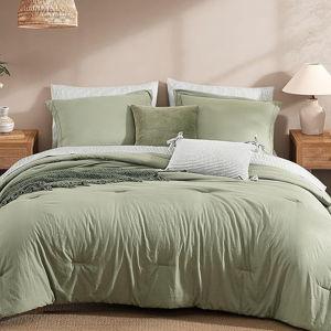 Monbix Queen Comforter Set - 7 Pieces Olive Green