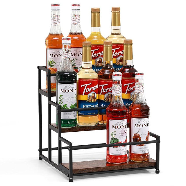 ICOHOT Coffee Syrup Rack Organizer, 3-Tier 12 Syrup Bottles Holder Stand for Coffee Bar, Liquor Bottle Display Shelf Bar Shelf Stand Countertop Rack for Syrup, Wine, Spice