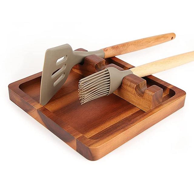 Acacia Wood Utensil Rest with Drip Pad for Multiple Utensils, 4 Slots Available, BPA-Free Spoon Rest & Spoon Holder for Stove Top, Kitchen Utensil Holder for Ladles,Turner,Brush,Spatula& More