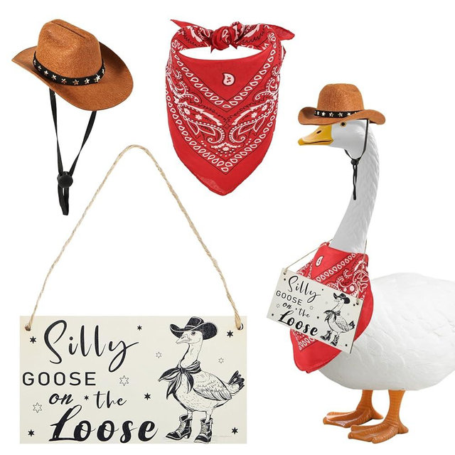 Funny Western Cowboy Porch Goose Decoration Set, Silly Goose on The Loose Hangings Sign Cowboy Hat with Bandana Scarf for Lawn Goose Concrete Goose Statue Patio Yard Lawn