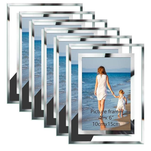 Hoikwo Bulk 4x6 Simple Elegant Picture Frames, 6 Packs Silver Photo Frames 4 by 6, Glass Wedding Frames 4x6, Clear Mirror Wedding Photo Frames, Only for Tabletop Display Vertically or Horizontally