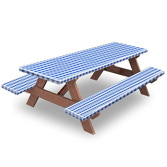 Picnic Table and Bench Fitted Tablecloth Cover, 3-Piece Set, KENOBEE Flannel Backing Elastic Edge Waterproof Wipeable Plastic Cover Vinyl Tablecloth for Home Goods Indoor Outdoor Patio, Blue-White