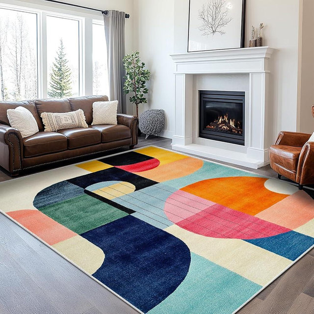 6x9 Colorful Area Rug Modern Abstract Orange Yellow Pink Blue White Beige Black Bedroom Rug Low Pile Thin Large Carpet Living Room Non Slip Dining Room Stain Resistant Office Washable Machine