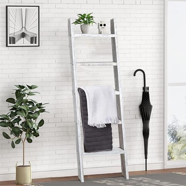 Natsukage Blanket Ladder Rustic Wooden Ladder Farmhouse Blanket Ladder Decorative Ladder Shelf for Living Room Bathroom Bedroom Wall Leaning Ladder Shelf Stand (63" x 22", Whitewashed)