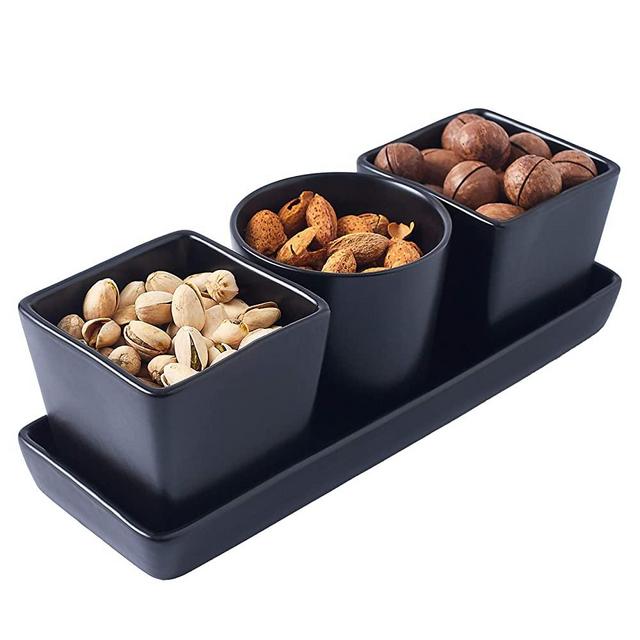 Bruntmor 4 Piece Ceramic Tray with 3 Compartment Serving Bowl Dishes For Dips & Snacks, Modern & Versatile Design Dining Serve Ware, Matte Black