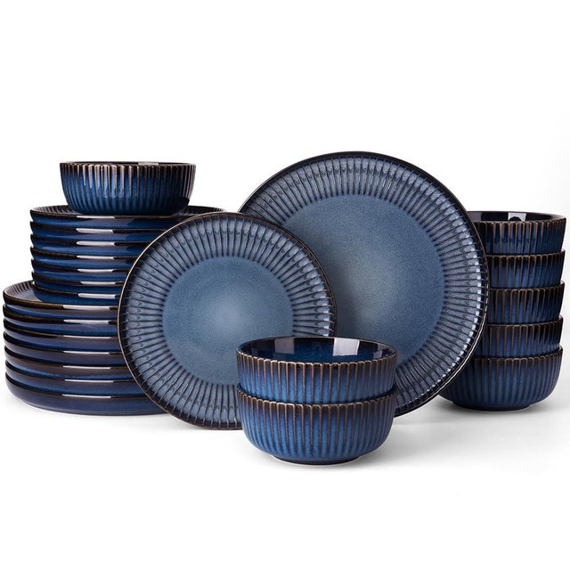 Famiware Starlight Dinnerware Sets, Plates and Bowls Dish Set of 8 (24 Pieces), Ribbed Textured Tableware - Dishwasher & Microwave Safe, Chip & Scratch Resistant, Reactive Glaze, Starry Blue