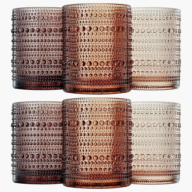 Hobnail Drinking Glasses, Venus Colors Beaded Tumbler Drinking Glasses Set | Set of 6 | Vintage 11 OZ Bubble Design Whiskey Glassware, Old-Fashioned, Embossed Design Thick Heavy Glass HAND WASH ONLY