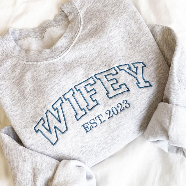Custom Wifey EST. Date Embroidered Crewneck Sweatshirt | MRS Personalized Crew Neck Pullover | New Bride Sweatshirt | Gift For Wife