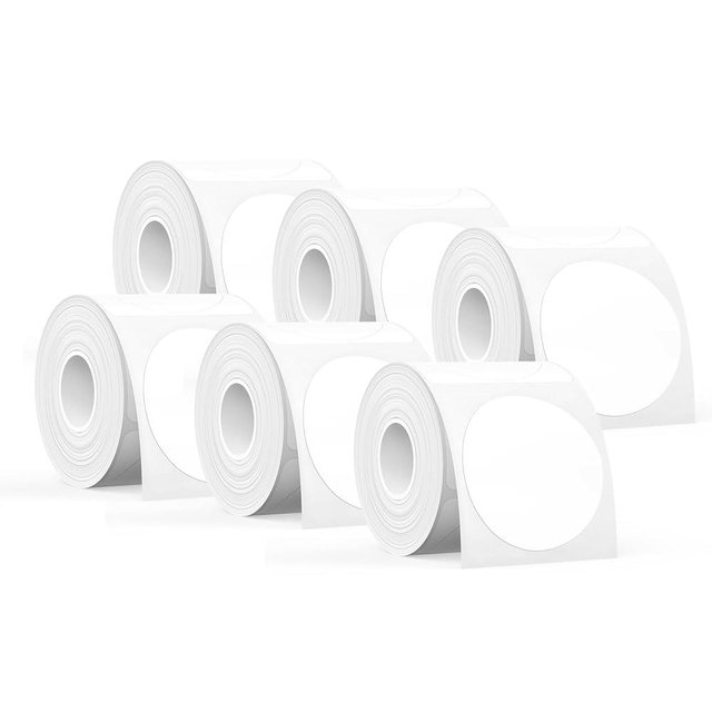 SUPVAN T50M Series Label Maker Tape, 6 Rolls Round Size Φ 2'' 140 Labels/Roll Genuine Laminated Thermal Label Tape Refill, Waterproof Oilproof Highly Adhesive Auto Detect Labels, Black on White