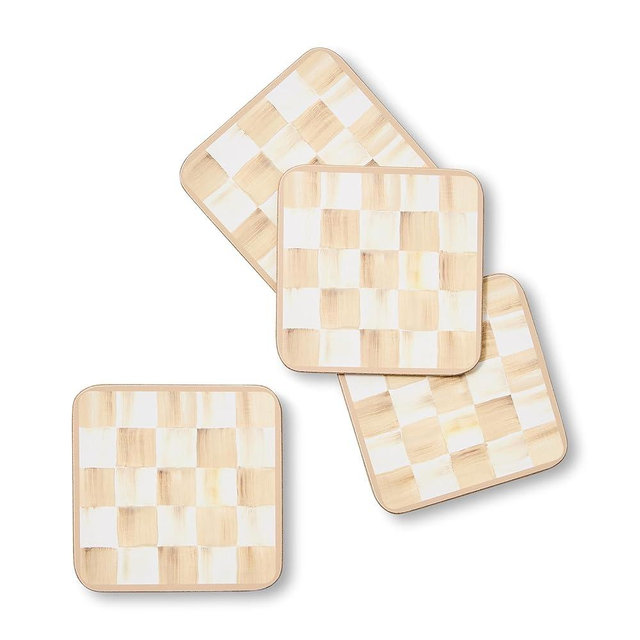MACKENZIE-CHILDS Square Cork-Back Coaster Set, Table Coasters for Drinks, Set of 4, Brown-and-White Mocha Check
