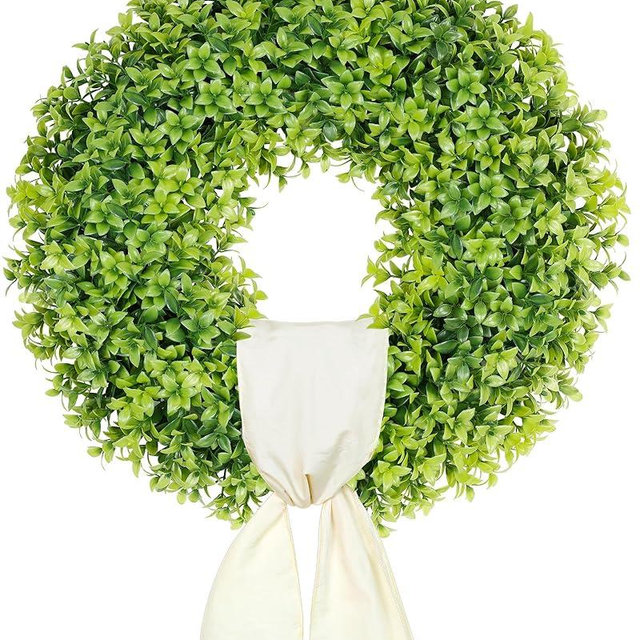 DDHS 19" Boxwood Wreaths Front Door, Artificial Spring Summer Wreath with Sash and Foldable, Year Round Indoor Outdoor for Farmhouse Fireplaces and Porches DIY St Patricks Day Decor-Gradient Green