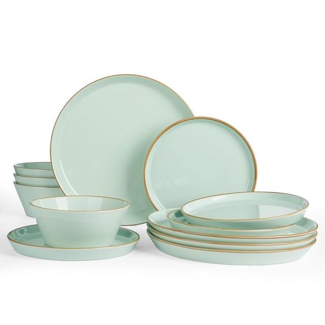 Famiware Saturn Dinnerware Sets, Plates and Bowls Sets for 4, 12 Pieces Stoneware Dish Set - Chip and Scratch Resistant, Microwave and Dishwasher Safe Tableware Set, Light Green with Rim
