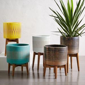 Mid-Century Turned Wood Leg Planters - Patterned