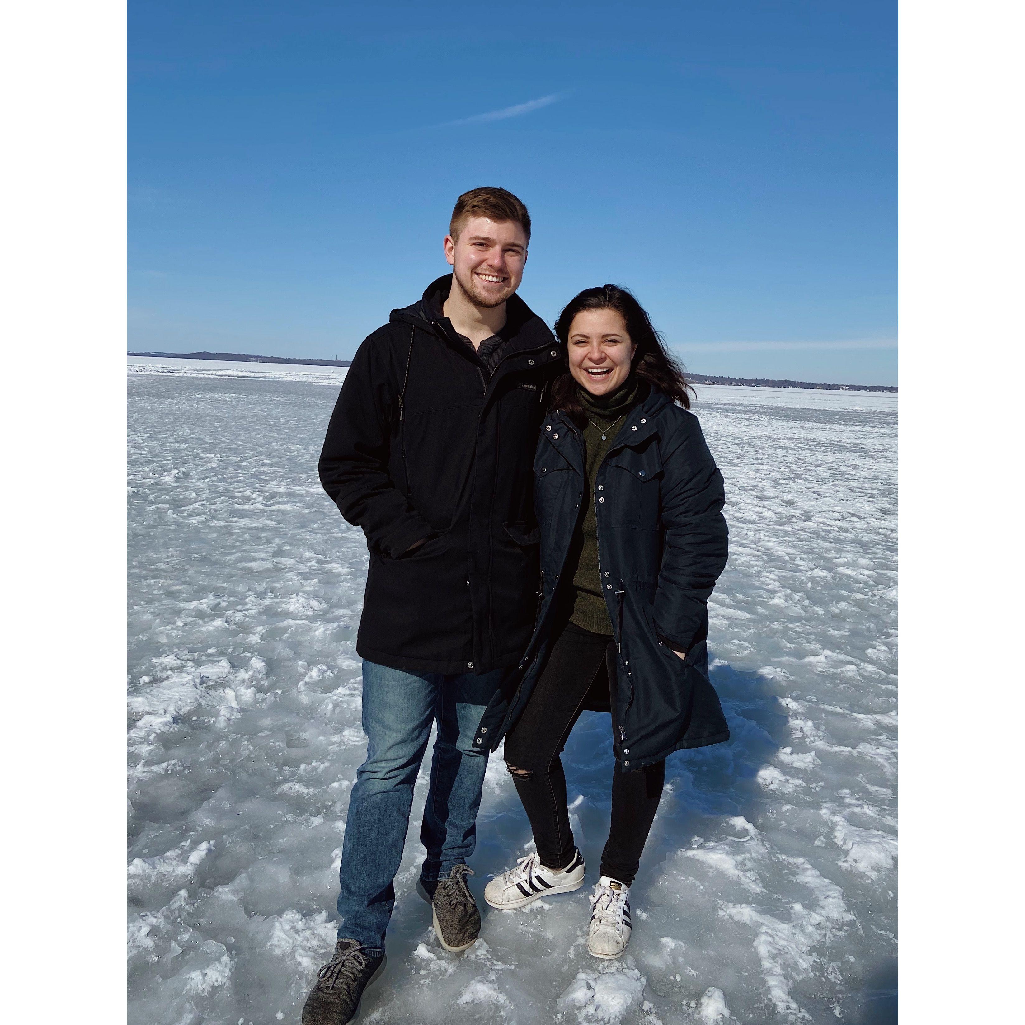 Our first picture together, taken on frozen Lake Mendota in Madison