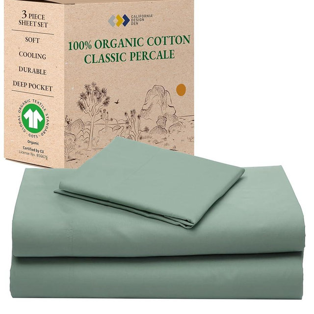 California Design Den Twin Bed Sheets Set - Soft 100% Organic Cotton Percale Sheets, Crisp and Cool, Deep Pockets with Anti-Skid Elastic, Breathable and Durable Bedding Set - Sage Green